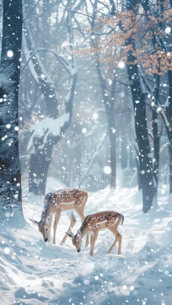 Winter 4K scene with a family of deer grazing in a snow covered forest.