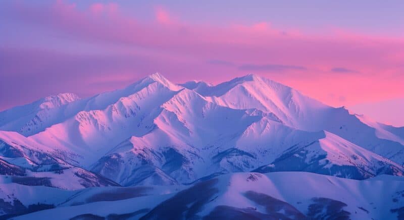Snow-covered mountain range at sunset with pink and purple sky, creating a serene winter landscape.