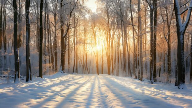 Winter forest photo with a frosty morning light filtering through the trees.