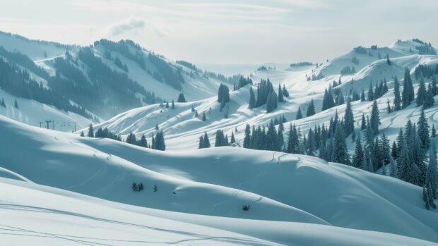 Winter landscape wallpaper 4K with snow covered hills and trees.
