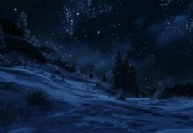 Winter night with stars shining above a snowy landscape.