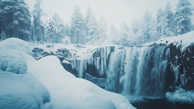 Winter scene 4K desktop HD wallpaper with a frozen waterfall in a snowy landscape.