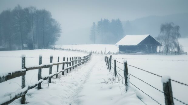 Winter wonderland 4K with snow covered fields and fences.