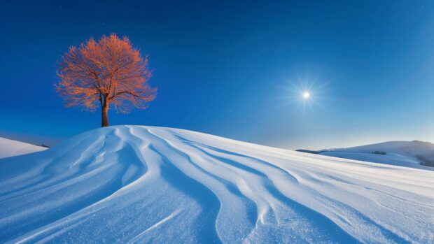 Wonderland Winter HD Wallpaper with sparkling snow under the moonlight.
