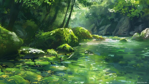 1080 background with crystal clear river flowing through a dense forest, moss covered rocks, dappled sunlight, tranquil vibe.