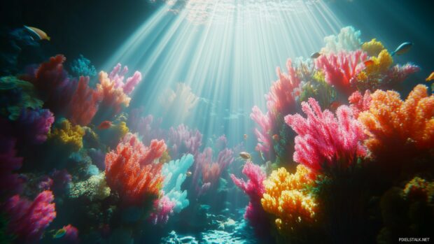 3D Desktop HD Wallpaper with underwater coral reef with colorful fish, vibrant coral formations, and beams of light filtering through the water.