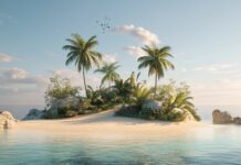 3D HD Wallpaper with tropical island with golden beaches, palm trees, and turquoise waters under a bright, clear sky.