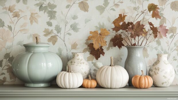 3D Thanksgiving wallpaper with muted, pastel tones depicting subtle fall elements like leaves and pumpkins, with a touch of modern design.