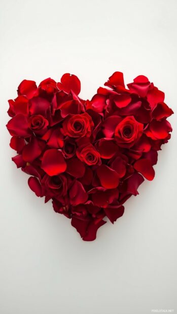 3D roses wallpaper with a heart shaped arrangement of red rose petals on a white background, symbolizing love and romance.
