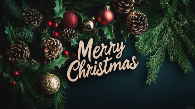 4K wallpaper of Christmas ornaments, pinecones, and holly, with Merry Christmas in a whimsical, hand drawn font.