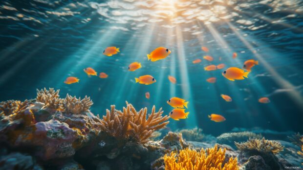 A 3D underwater wallpaper with colorful fish, vibrant coral formations, and beams of light filtering through the water.