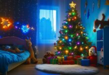Christmas tree decorated with colorful lights and ornaments in a child's bedroom.