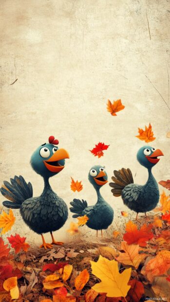 A Kawaii Thanksgiving with a family of cute cartoon turkeys and colorful autumn foliage.