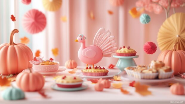 A Kawaii pink Thanksgiving feast with a turkey, pies, and autumn leaves.