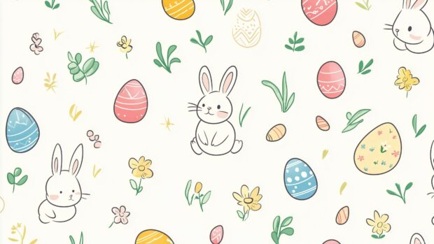 A Preppy Easter wallpaper 4K with simple outlines of bunnies, eggs, and spring flowers in a clean and modern vector art style.