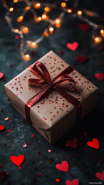 A Valentines gift box wrapped in red ribbon, surrounded by tiny heart confetti and soft fairy lights.