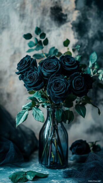 A beautifully bouquet of black roses intertwined with deep green leaves, placed in a vintage glass vase.