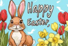 A charming Easter bunny sitting next to the words Happy Easter, with a backdrop of bright tulips and daffodils in bloom.