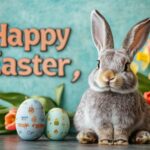 A charming Easter bunny sitting next to the words Happy Easter, with a backdrop of bright tulips and daffodils in bloom
