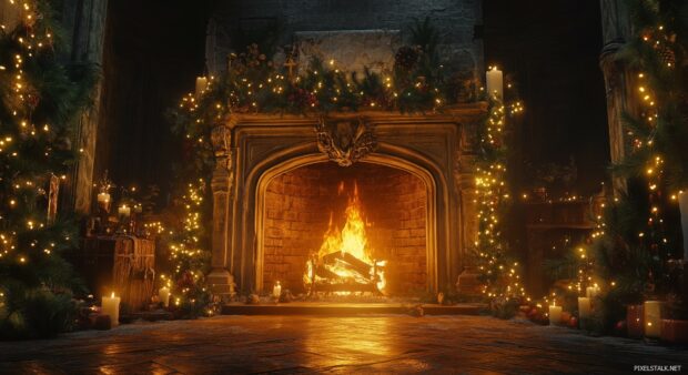 A charming scene of a crackling fireplace with a roaring fire.