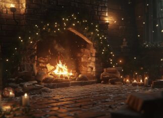 A charming scene of a crackling fireplace with a roaring fire, surrounded by pine branches, candles, and twinkling fairy lights.