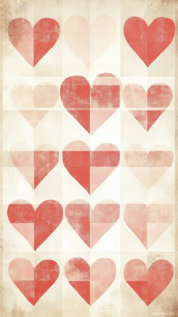 A checkerboard pattern of red and pink hearts on a soft beige backdrop for a vintage Valentines look.