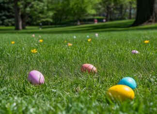A cheerful Easter Background with colorful eggs scattered in a meadow, with vibrant flowers and green grass, bright spring sunshine.