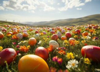 A cheerful Easter Desktop Wallpaper with colorful eggs scattered in a meadow, with vibrant flowers and green grass, bright spring sunshine.