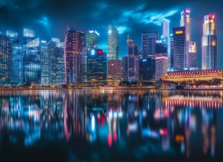 A city skyline at night with colorful reflections on the water, capturing the energy of an urban landscape.