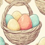 A clean and simple pattern of Easter baskets filled with pastel colored eggs, with soft outlines and smooth curves in a vector tile design