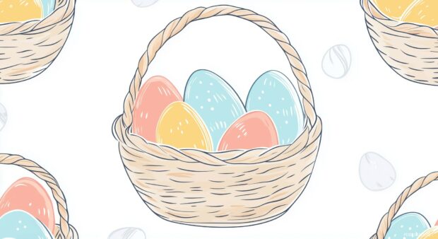 A clean pattern of Easter baskets filled with pastel colored eggs, with soft outlines and smooth curves in a vector tile design.
