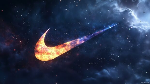 A close up of a Nike logo with a galaxy pattern overlay.