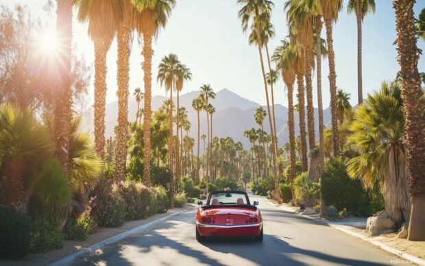 A convertible car 1920x1200 wallpaper with its top down, driving through a palm tree lined boulevard.
