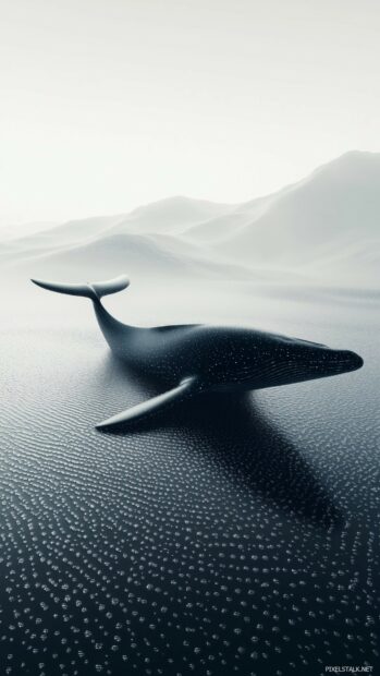 A cool 3D abstract whale emerging from gentle ocean waves, with the water droplets forming a dynamic and minimalist composition.