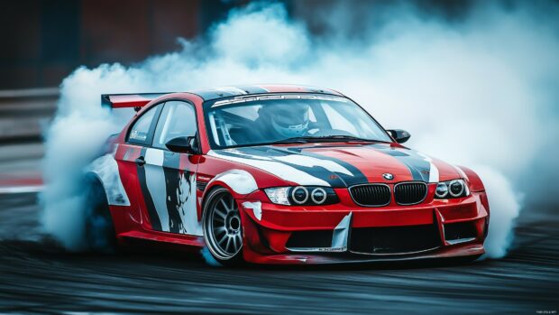 A custom built drift car with aggressive bodywork, performing a perfect drift on a racetrack, with thick smoke enveloping the rear tires.
