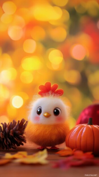 A cute Thanksgiving wallapaper featuring a tiny turkey and a pumpkin with playful expressions, set against a cozy, fall colored background.