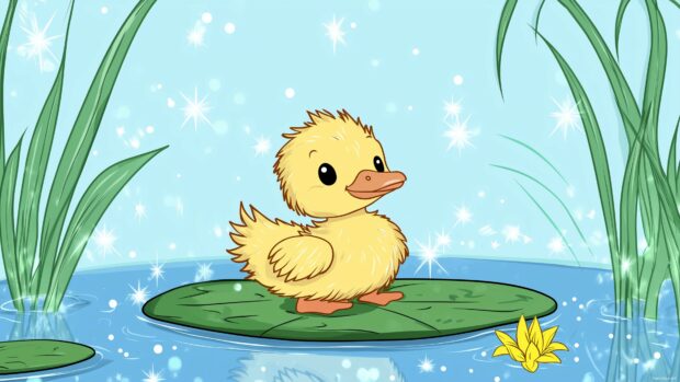 A cute baby duck with fluffy yellow feathers, sitting on a lily pad surrounded by sparkling blue water and cartoon cattails.