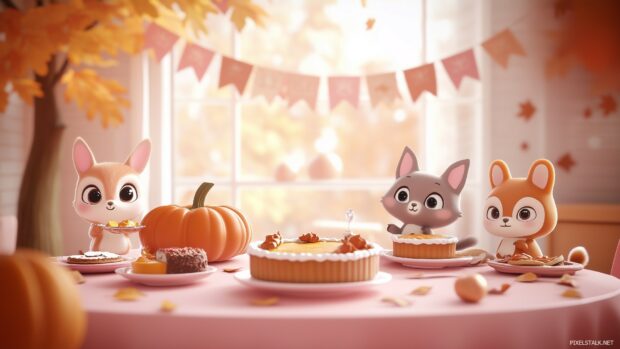 A cute pink Thanksgiving table with adorable animal characters in Kawaii style, enjoying pumpkin pie and other treats.