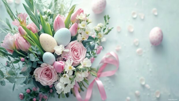 A delicate Easter bouquet with soft pastel colored flowers, eggs, and ribbons on a light background.
