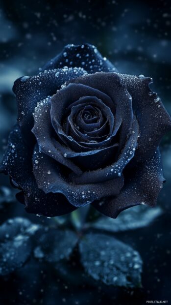 A dramatic close up of a single black rose, showcasing its velvety petals with intricate details.