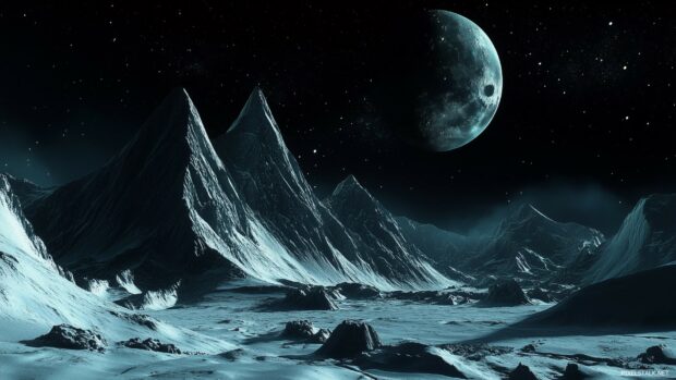 A dramatic mountain range under a starry night sky.