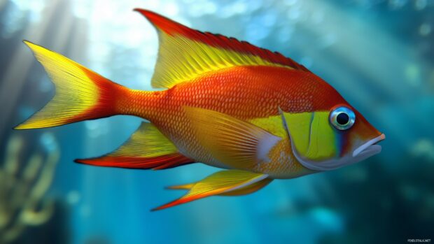A dynamic 3D fish swimming in the open ocean, its fins fluttering in motion, with sunlight filtering through the water and illuminating its colorful body.