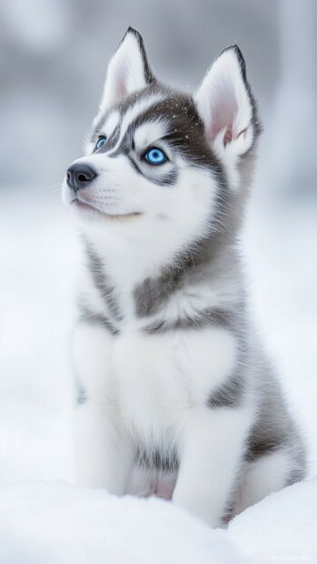 A fluffy Siberian Husky puppy with bright blue eyes, sitting in a snowy landscape.
