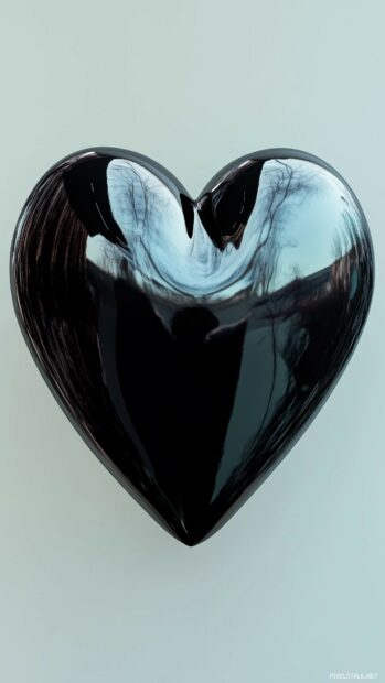 A glossy black heart centered against a soft gray background.