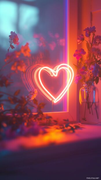 A glowing neon heart sign on a pink wall, casting a soft warm light, creating a dreamy Valentines Day vibe.