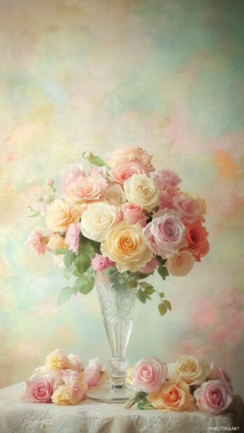 A graceful arrangement of pastel colored roses in a vintage glass vase.