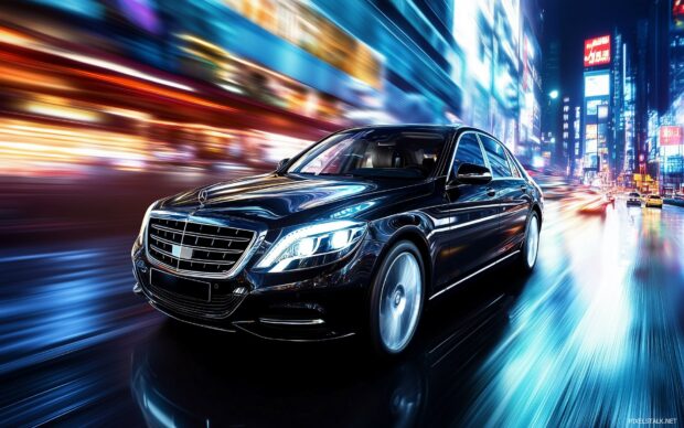 A high end luxury sedan driving through a vibrant city at night.