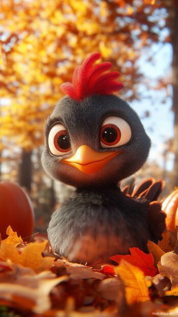 A kawaii cartoon turkey with a cheerful expression, surrounded by autumn leaves and pumpkins.