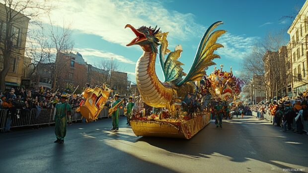 A lively scene from a Thanksgiving parade, with colorful floats, marching bands, and festive decorations.