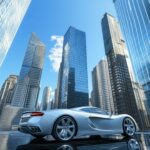 A luxury 3D sports car parked near a glass skyscraper.